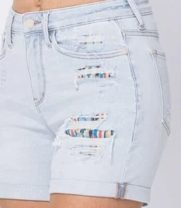 Judy Blue Aztec Patch Distressed Cuffed High Rise Shorts JB150137 Women's Small - Picture 1 of 6