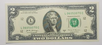 2017 A $2 GEM UNC note with very fancy serial# L06050070C - Image 1 of 2