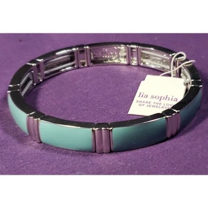 Lia Sophia Signed Turquoise Enamel & Silver Tone Stretch Bracelet, NWT - Picture 1 of 12