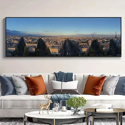 Panoramic Urban Skyline Painting with Eiffel Tower Canvas Wall Art Home Decor - Image 1 of 4