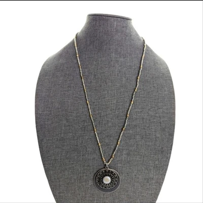 Lucky Brand 28" Bohemian Style Silver Tone Chain Aztec Sun Pendant Necklace - Image 1 of 4