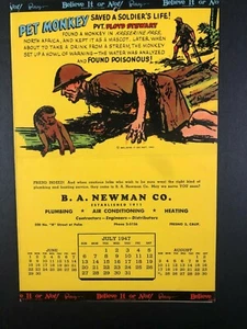 Ripley's Believe It Or Not - Calendar Advertising July 1947 - Pet Army Monkey - Picture 1 of 3