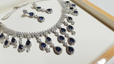 White gold finish pearcut blue sapphire and created diamond droplet necklace set - Image 1 of 4