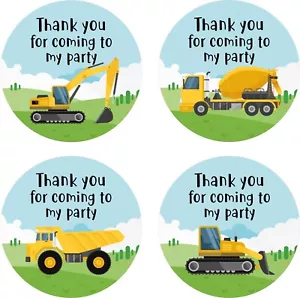 40mm Construction Vehicles "Thank You for Coming to My Party" Birthday Stickers - Picture 1 of 1