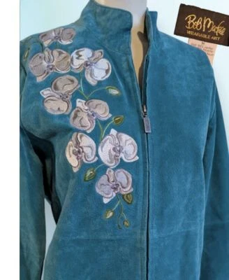Bob Mackie Wearable Art Embroidered 100% Leather Suede Medium Jacket Floral Blue - Image 1 of 4
