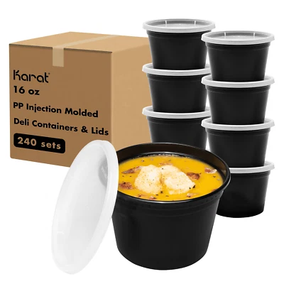 Karat 16 oz Black PP Injection Molded Round Deli Containers with Lids - 240 Sets - Image 1 of 4