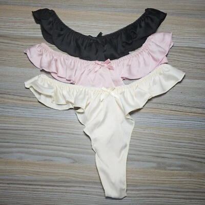 3 Pair VTG Shiny Satin Panties Pink Ivory Black Flutter Thong Sz. 7/L Hip 37-40" - Image 1 of 4