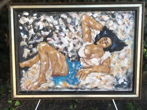 JONNA TRATNER Original 1970s ABSTRACT CANVAS MODERN EXPRESSIONIST Girl w Flowers - Picture 1 of 16