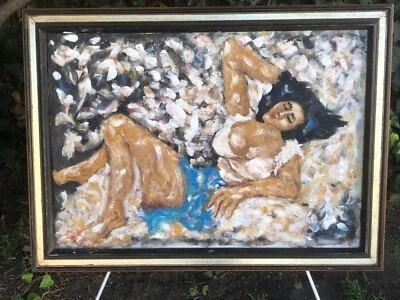 JONNA TRATNER Original 1970s ABSTRACT CANVAS MODERN EXPRESSIONIST Girl w Flowers - Image 1 of 4