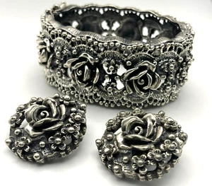 Vintage Tortolani Silver-Tone Rose Floral Costume Bracelet and Earrings 135g - Picture 1 of 12