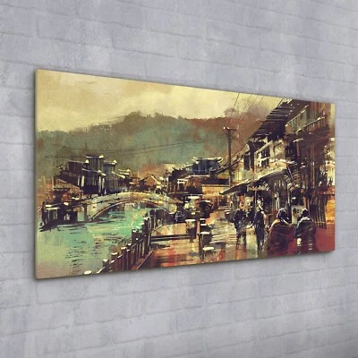 Acrylglasbild Wandbild Plexiglas 100x50 Dorfes  Brücke  Altbau Malerei - Bild 1 von 4