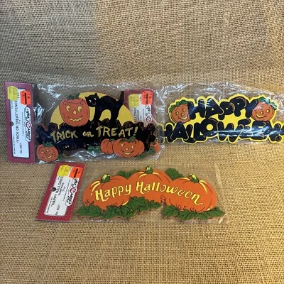 3 Vintage Fibre Craft Black Cat Pumpkin Wooden Halloween Pieces Wreath 1988 - Image 1 of 4