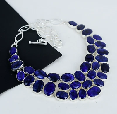 Elegant Blue Sapphire Gemstone Handmade 925 Sterling Silver Necklace For Gifts - Image 1 of 4