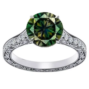 2,20Kt Runden Form Natürlich Grünlich Gelb & Weiß Diamant Ring Im 585er Weißgold - Bild 1 von 4