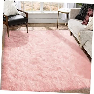  Pink Area Rug 8x10 Fluffy Fuzzy Furry Rug for Girls Bedroom Faux Sheepskin  - Image 1 of 4