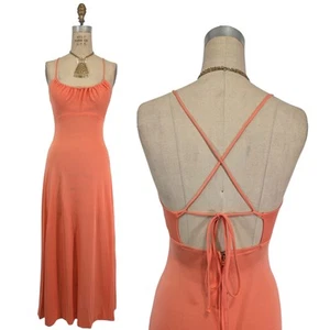 Vtg 70s Prom Dress XS Coral Peach Scoop Neck Corset Back Maxi Beach Bridesmaid - Picture 1 of 13