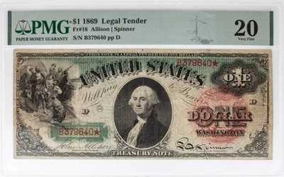 Fr. 18, 1869 $1 Licitación Legal, "Arco Iris", PMG 20 Foto 1 de 4