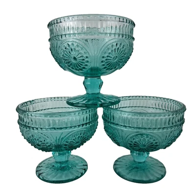 Pioneer Woman Adeline Pattern Turquoise Glass Footed Ice Cream Sherbet Dish 3 pc - Image 1 of 4