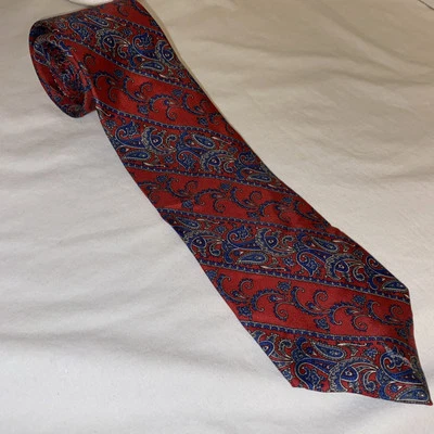 Vintage Christian Dior Men’s Diagonal Paisley Print Silk Necktie Red And Blue - Image 1 of 4