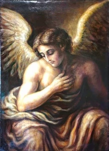 Antico dipinto religioso olio su tela fine 800 Arcangelo Gabriele - 50x 70 Cm - Foto 1 di 8