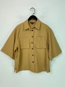 Next Petite Camel Plain Utility Shirt Collar Short Sleeve Boxy Top UK 14P - Picture 1 of 10