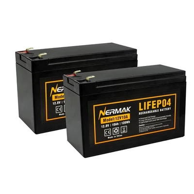2 Pack 12V 10Ah Lithium Ion LiFePO4 Deep Cycle Battery, 2000+ Cycles Recharge... - Image 1 of 4