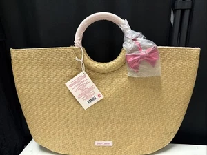 Juicy Couture | Stroh Raffia Baby rosa Kreis Griffe gefüttert Schleife Anhänger Beuteltasche Tasche - Bild 1 von 10