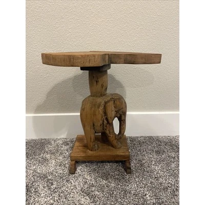 Vintage Artisan Hand Carved Wooden Elephant Side Table Or Plant Stand 16” Boho - Image 1 of 4