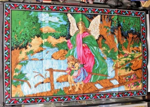 Guardian Angel and Children Turkish Tapestry 58"x37" Wall Hanging 70s 80s Fabric - Picture 1 of 4