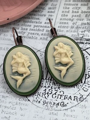 Pendientes camafeo cumpleaños latón regalo boda boda oro rosa verde sirena Foto 1 de 4