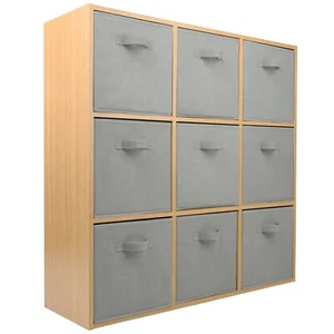 Oak 9 Cube 9 Grey Drawer Storage Bookcase Shelf Display Unit Shelving Stand - Picture 1 of 9