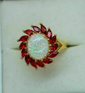 4Ct Oval Cut Lab Created Fire Opal & Ruby Women's Ring 14K Yellow Gold Plated - Picture 1 of 3
