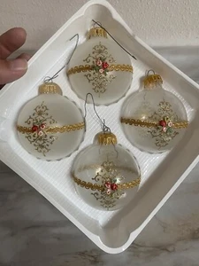 Vintage Christmas By Kerbs Frosted And Clear Ornaments Pink Roses West Germany - Picture 1 of 8