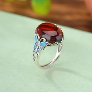 Anillo F02 ámbar rojo lateral mariposa azul plata 925 ajustable - Imagen 1 de 6