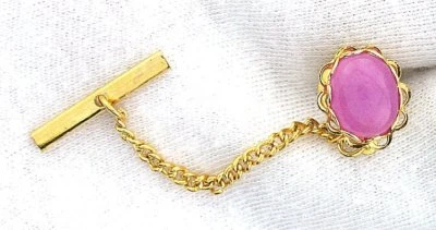PINK PURPLE JADE 10x8 1/2 x 1/5 INCH OVAL GEMSTONE CAB GOLD COLOR BEZEL TIE TACK - Image 1 of 2