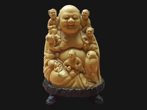 Antique Hand Carved Buddha With 5 Children - Picture 1 of 7