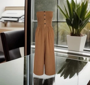 NEW NEXT Size 18 Tan Brown Shirred Bandeau Button Wide Leg Jumpsuit Culottes - Picture 1 of 10