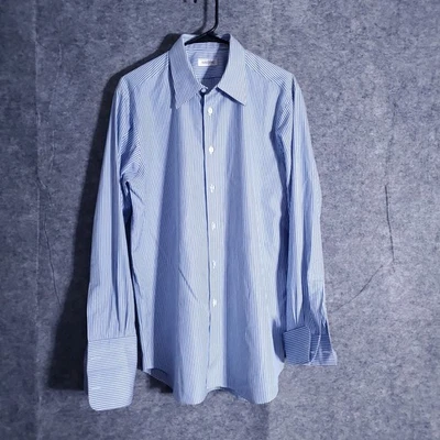 Ascot Chang Dress Shirt Mens Large Blue White Stripe French Cuff Fine Cotton 16 - Image 1 of 4