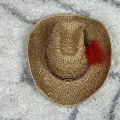 Chapéu de palha vintage cowboy ~ faixa de penas vermelhas cowboy urbano tamanho grande feito nos EUA - Imagem 1 de 4