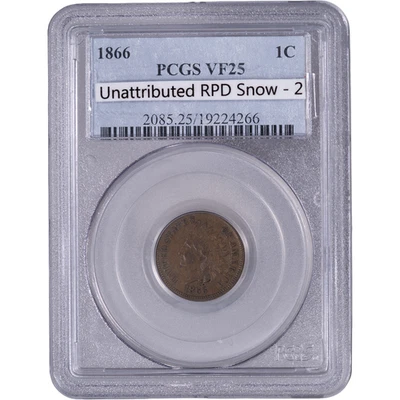 1866 1c Indian Head Cent - RPD Snow 2 Variety  ~ PCGS VF25 - Image 1 of 2