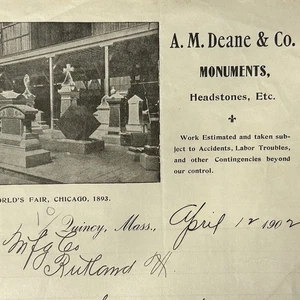 Letterhead A.M. Deane And Co. Quincy MA To F.R. Patch Rutland Vermont 1902 - Picture 1 of 5