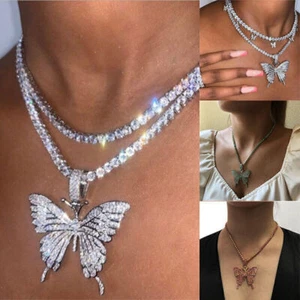 Gargantilla de cristal cadena suéter diamantes de imitación collar colgante mariposa fiesta mujer - Imagen 1 de 14