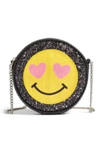 Girls SMILE EMOJI PURSE Black Glitter Purse w/ Metal Hardware Strap, Gently Used - Picture 1 of 7