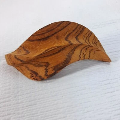 Vintage Wood barrette large leaf shape abstract natural boho brown Made France - Image 1 of 4