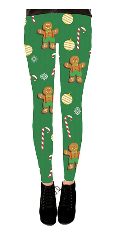 Juniors Green Holiday Symbols All Over Gingerbread Ugly Tacky Christmas Leggings - Image 1 of 1