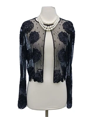 Marina Bresler куртка Sz M черный вечер бисером открытый передний чистый платье Топ 8 10 - Изображение 1 из 4