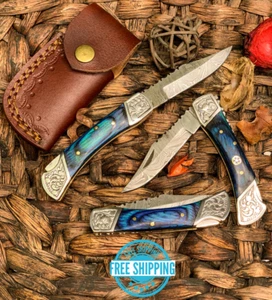 Custom Handmade Damascus Steel Pocket Knife Folding Blade W/ Wood Blue Handle 7" - Picture 1 of 4