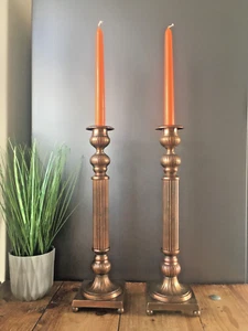 LARGE PAIR OF VINTAGE REGENCY COLUMN STYLE METAL TONE CANDLE HOLDER CANDLESTICKS - Picture 1 of 16