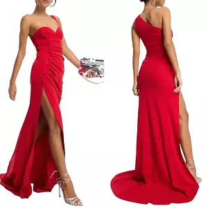 NEW ASOS DESIGN Red ONE SHOULDER Ruched SIDE BUTTON Maxi Dress GOWN US 4 (fit 2) - Picture 1 of 14