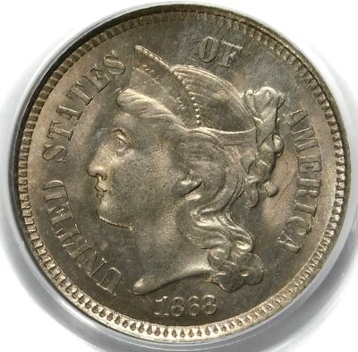🥶❤️🤍💙🥰PCGS MS65 1868 3 CENT NICKEL - Image 1 of 3